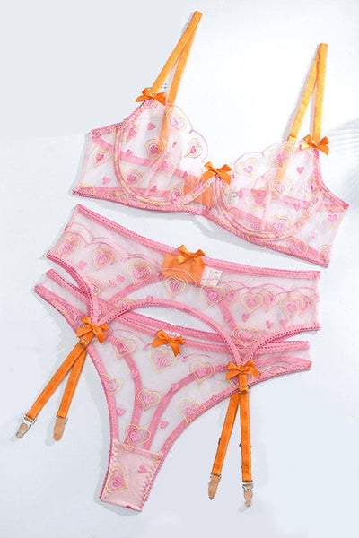 Pink Neon Orange Heart Lace Mesh Thong Garter Sexy 3Pc Lingerie Set - AMIClubwear