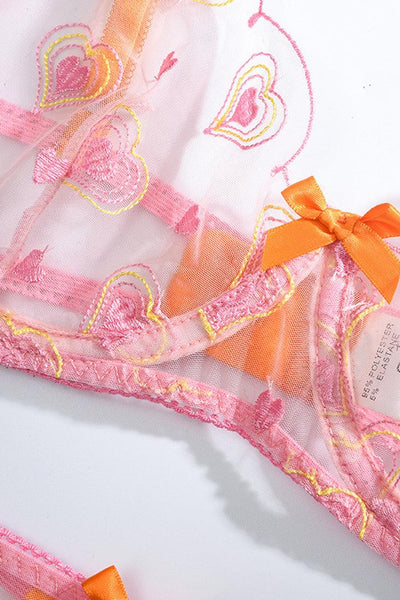 Pink Neon Orange Heart Lace Mesh Thong Garter Sexy 3Pc Lingerie Set - AMIClubwear