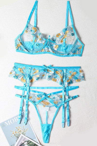Blue Flower Embroider Lace Garter Belt Thong 3Pc Lingerie Set