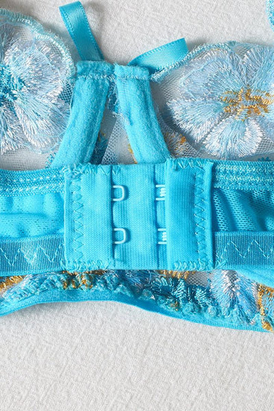 Blue Flower Embroider Lace Garter Belt Thong 3Pc Lingerie Set - AMIClubwear