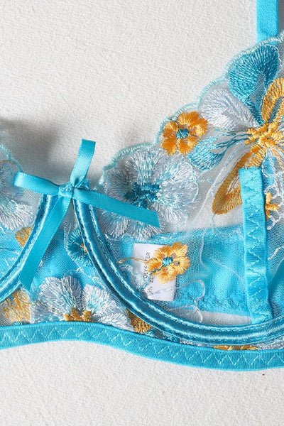 Blue Flower Embroider Lace Garter Belt Thong 3Pc Lingerie Set