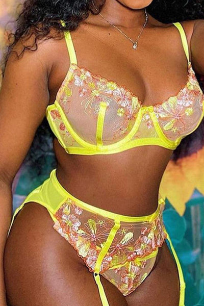 Yellow Flower Embroider Lace Garter Belt Thong 3Pc Lingerie Set - AMIClubwear