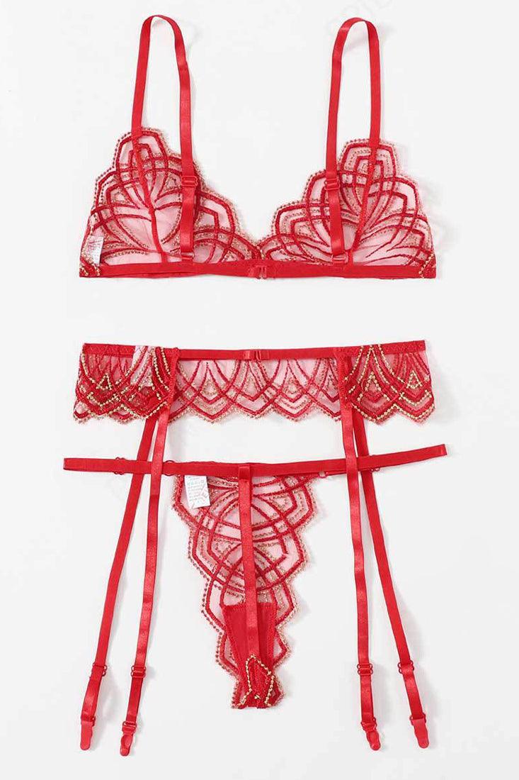 Red Gold Mesh Lace Garter Thong Sexy 3Pc Lingerie Set - AMIClubwear