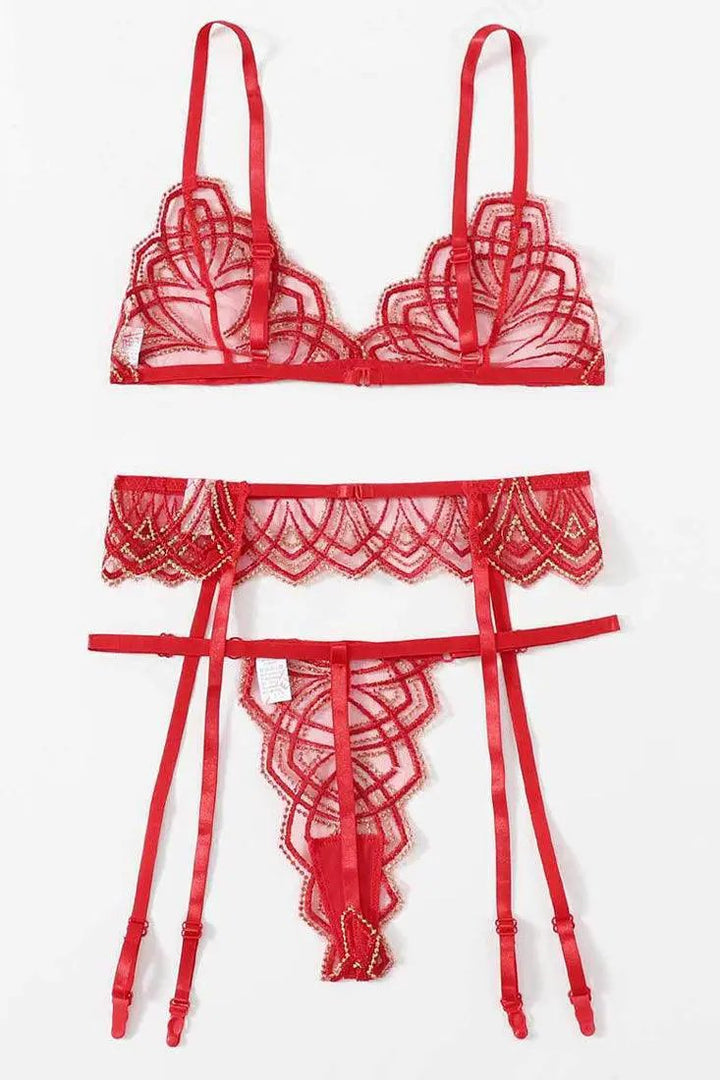 Red Gold Mesh Lace Garter Thong Sexy 3Pc Lingerie Set – AMIClubwear