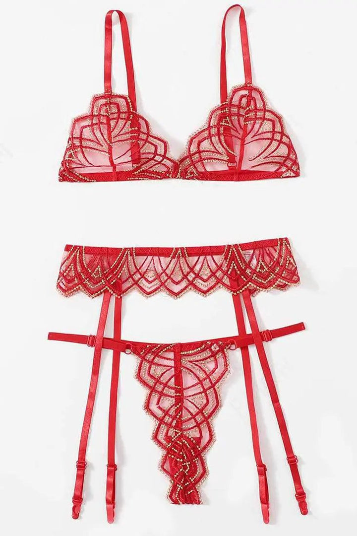 Red Gold Mesh Lace Garter Thong Sexy 3Pc Lingerie Set – AMIClubwear