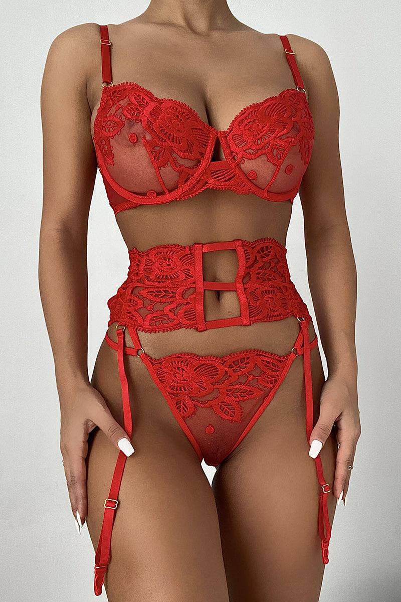 Red Floral Lace Mesh Sheer Strappy Bra Thong Garter Belt 3Pc Lingerie Set - AMIClubwear