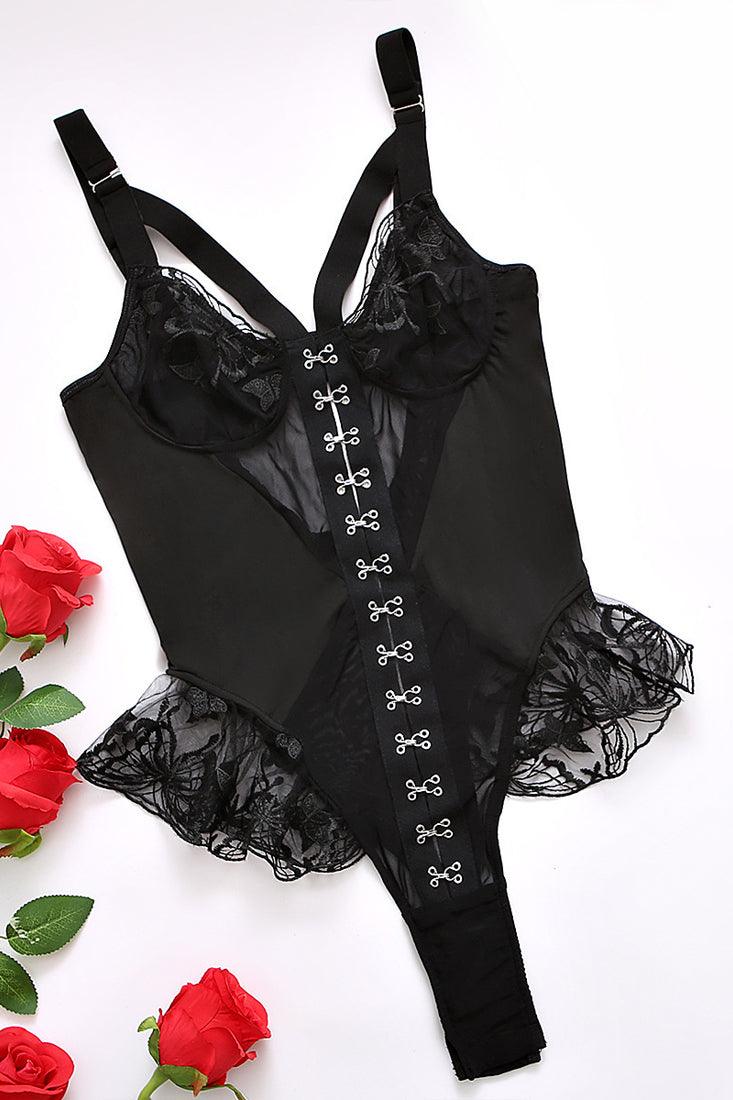 Black Butterfly Lace Mesh Hook Bandage Ruffle Sexy Teddy Lingerie Bodysuit - AMIClubwear