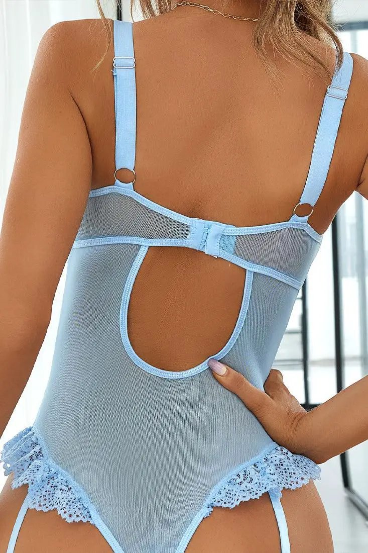 Sexy Light Blue Lace Mesh Bodysuit 3Pc Garter Lingerie Set W610