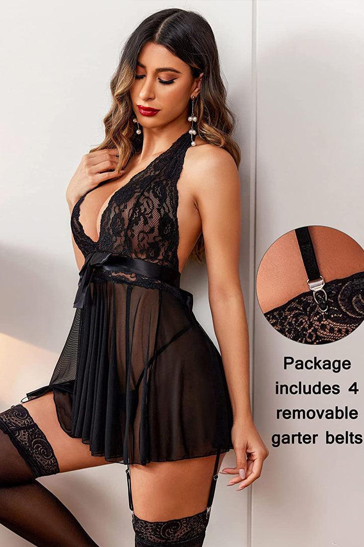 Black Lace Mesh Babydoll Slip Thong Garter 3Pc Lingerie Set - AMIClubwear