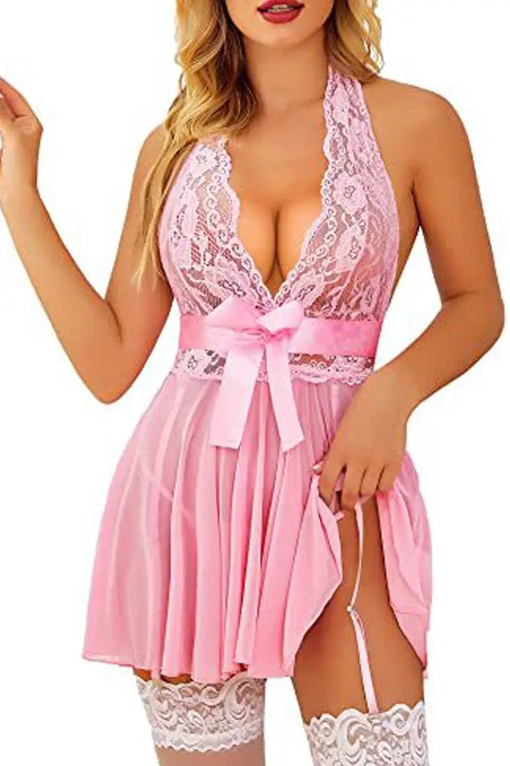 Pink Lace Mesh Babydoll Slip Thong Garter 3Pc Lingerie Set