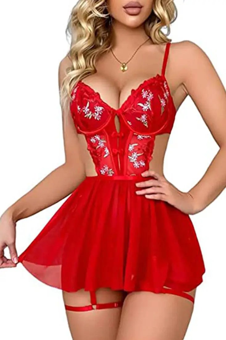 Red Floral Embroider Mesh Skirted Thong Garter 2Pc Lingerie Set