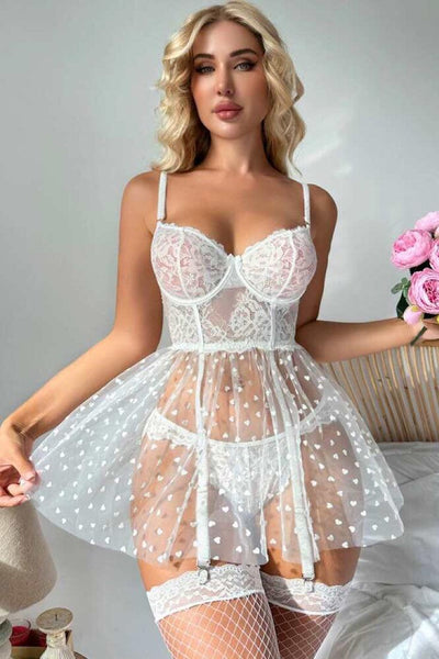 White Heart Print Bra Cup Babydoll Flair Garter Dress Thong 2Pc Lingerie Set