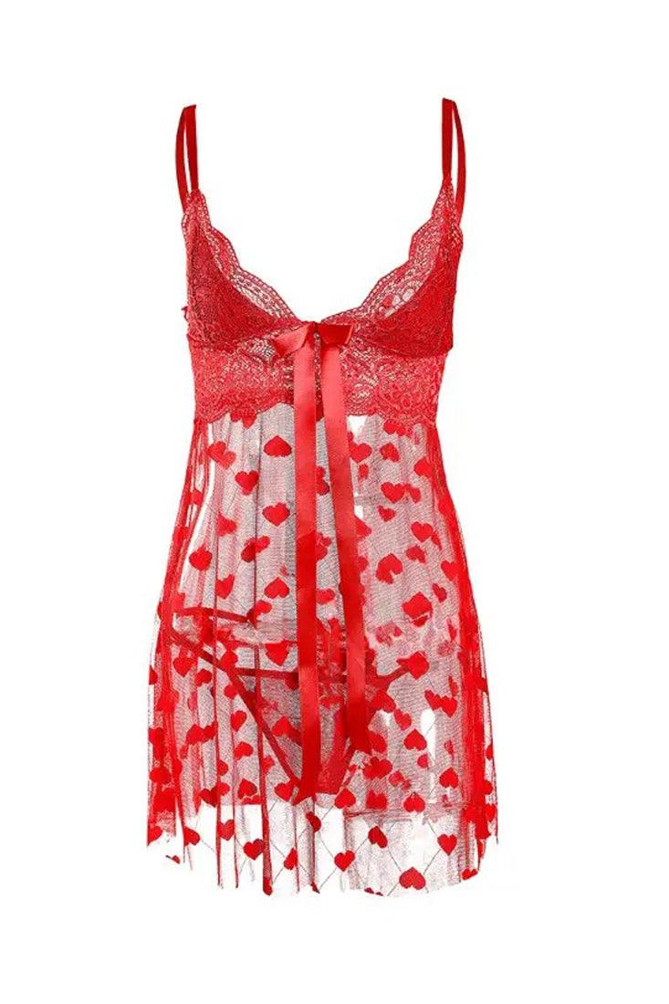 Red Heart Printed Mesh Lace Bow Teddy Slip Thong 2Pc Lingerie Set - AMIClubwear