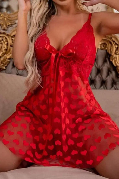 Red Heart Printed Mesh Lace Bow Teddy Slip Thong 2Pc Lingerie Set - AMIClubwear
