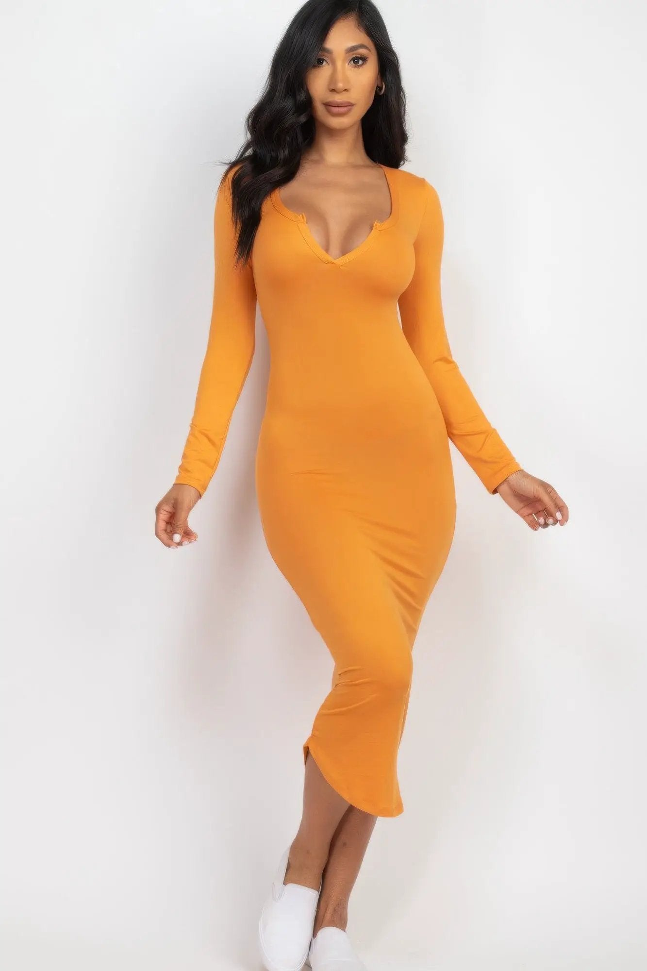 Split Neck Long Sleeve Midi Dress