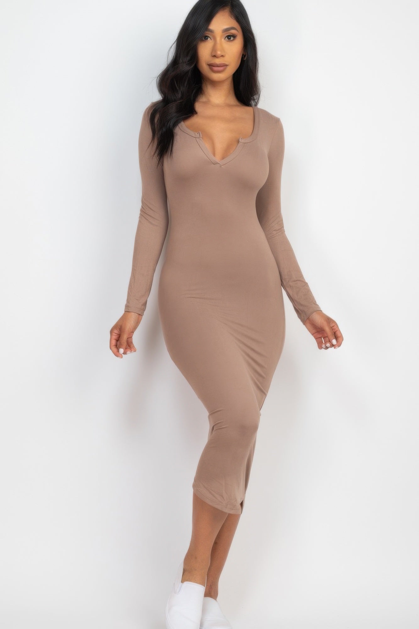 Split Neck Long Sleeve Midi Dress