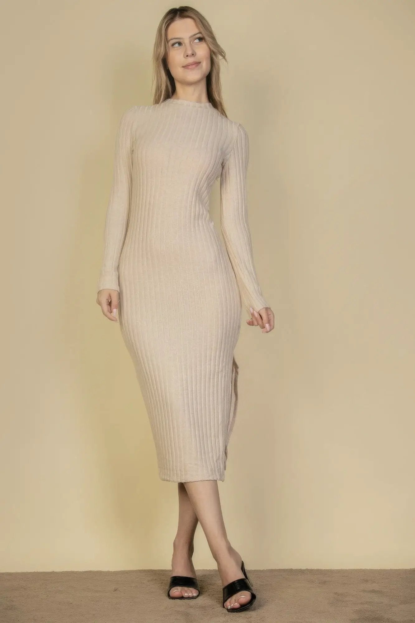 Sweater-knit Fuzzy Mock Neck Split Thigh Dress