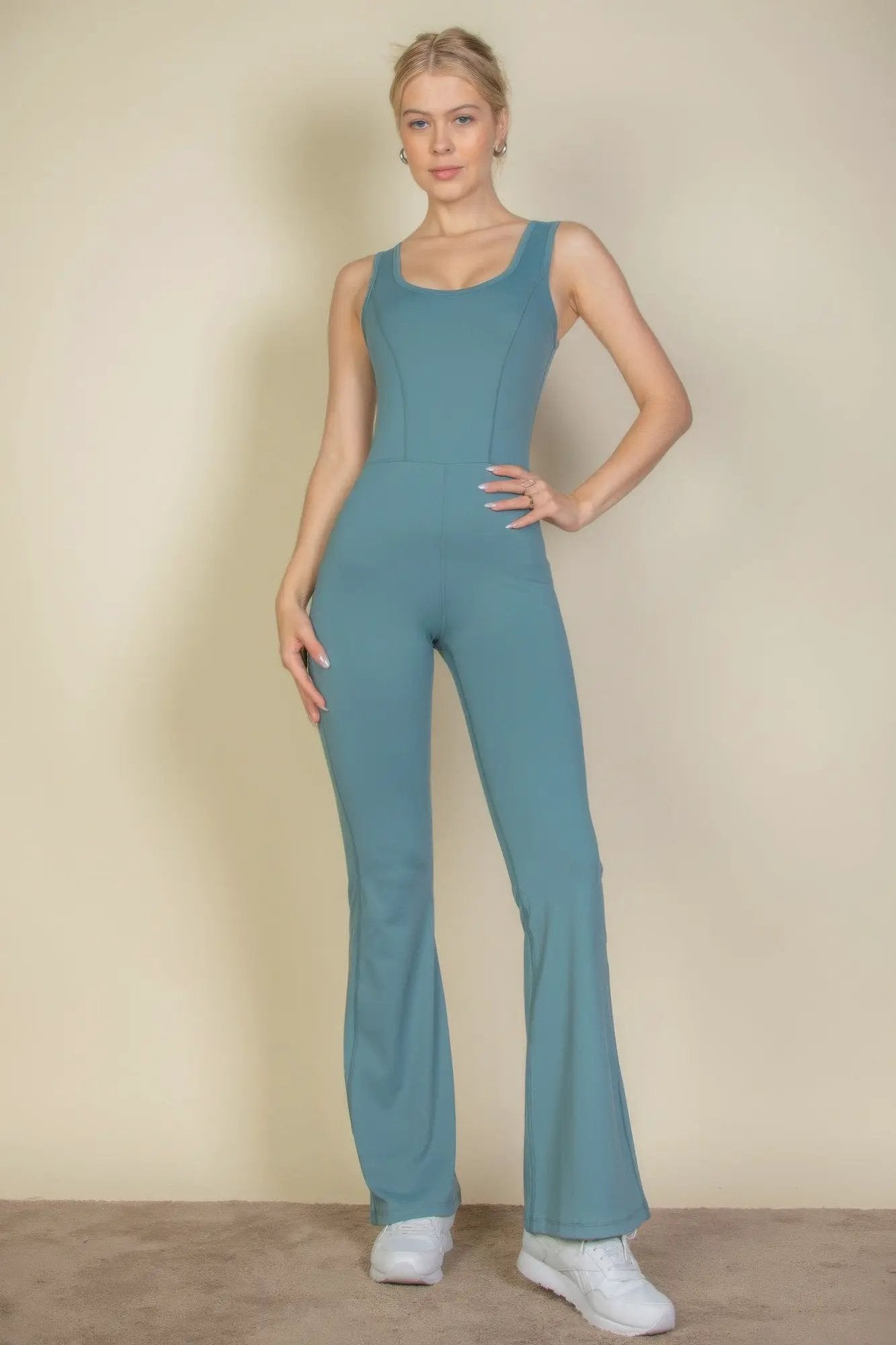 Solid Flare Leg Sports Jumpsuit