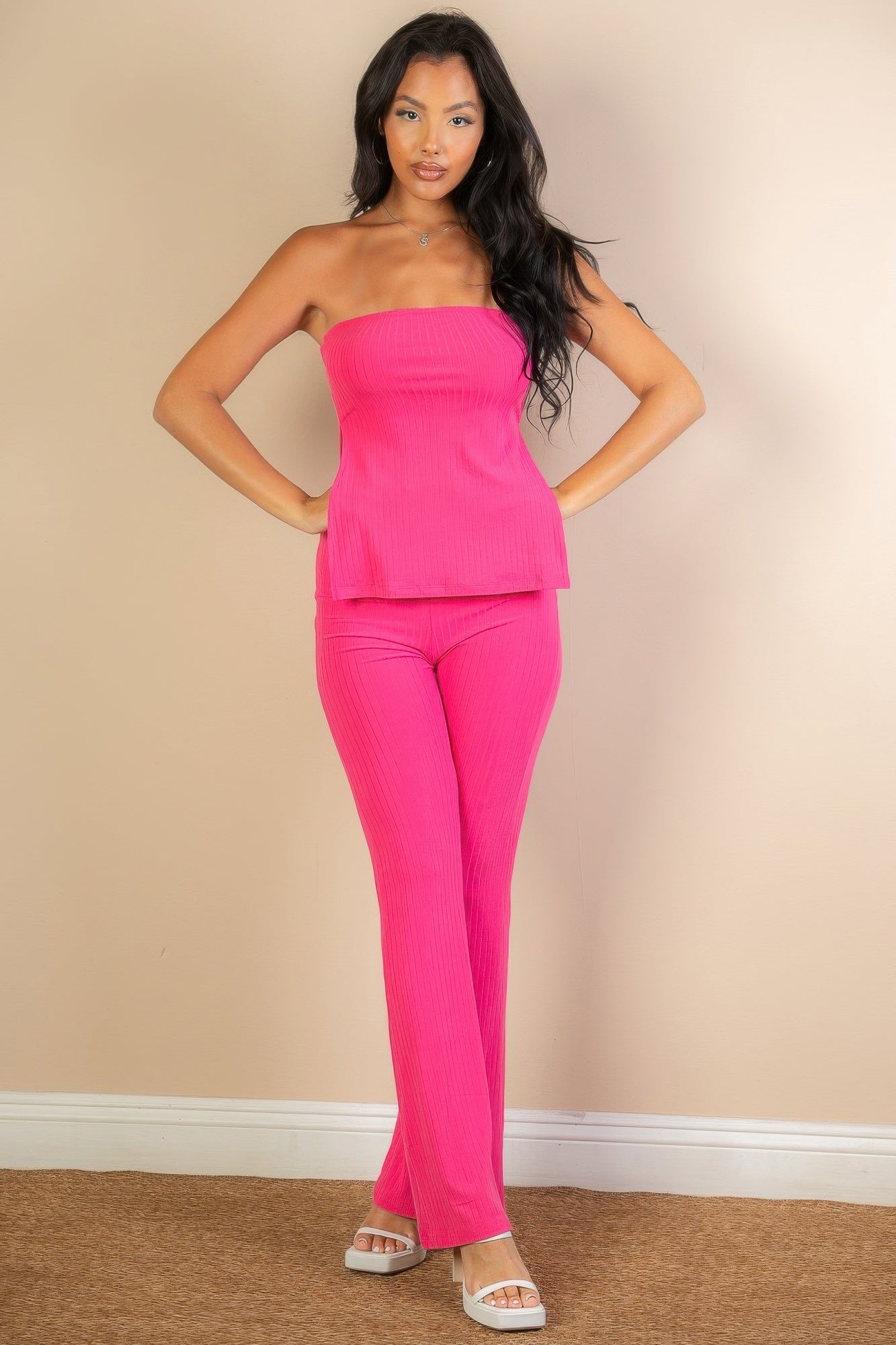 Ribbed Side Slit Bandeau Top & Flare Pants Set