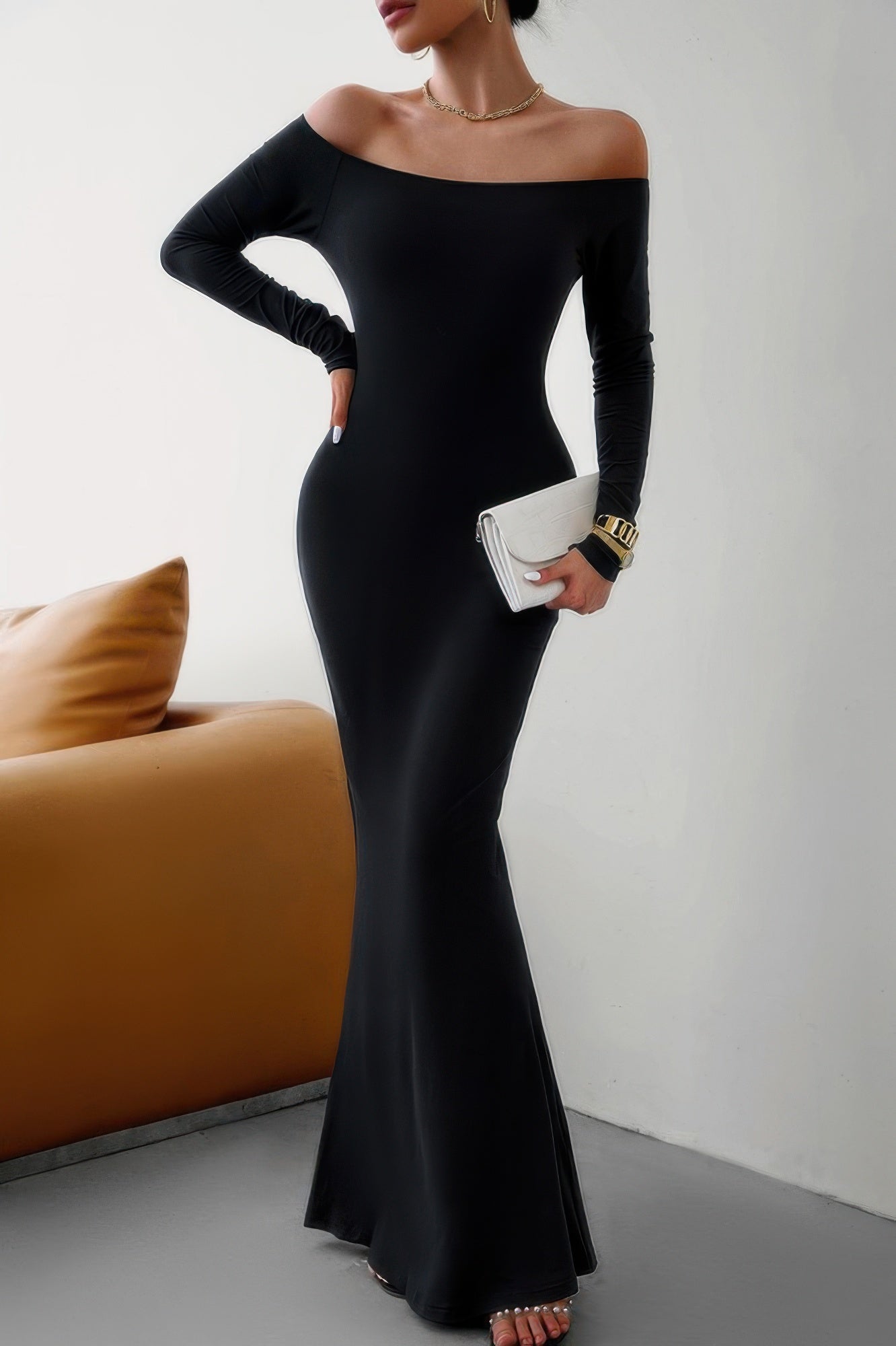 Solid Elastic Off Shoulder Bodycon Long Sleeve Dress – AMIClubwear