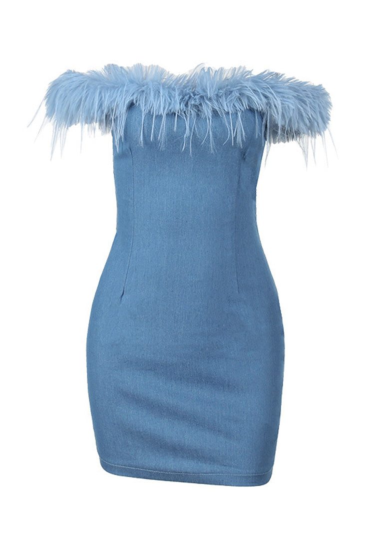 Blue Denim Off The Shoulder Fur Sexy Fitted Party Dress