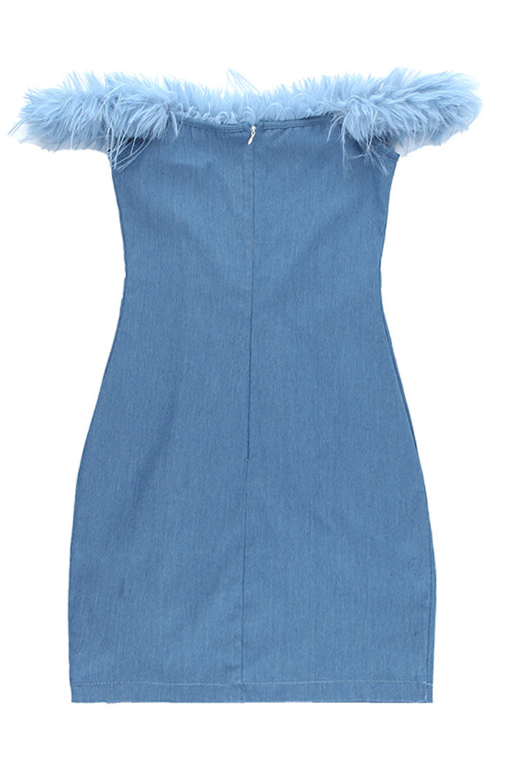 Blue Denim Off The Shoulder Fur Sexy Fitted Party Dress