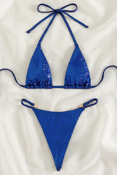 Royal Blue Metallic Rhinestone Gem Triangle Thong 2Pc Bikini Swimsuit Set - AMIClubwear