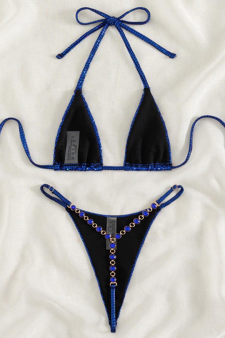 Royal Blue Metallic Rhinestone Gem Triangle Thong 2Pc Bikini Swimsuit Set - AMIClubwear