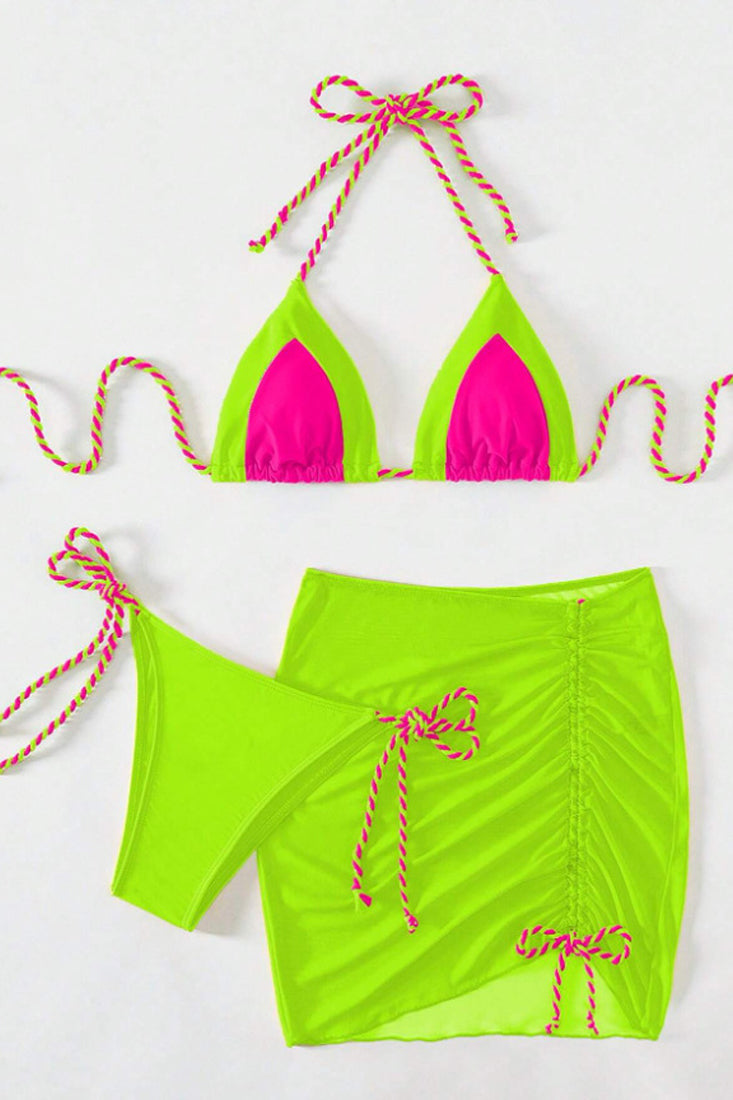 Neon Lime Pink Braided Strap Triangle Skirt Cover-Up 3Pc Swimsuit Set