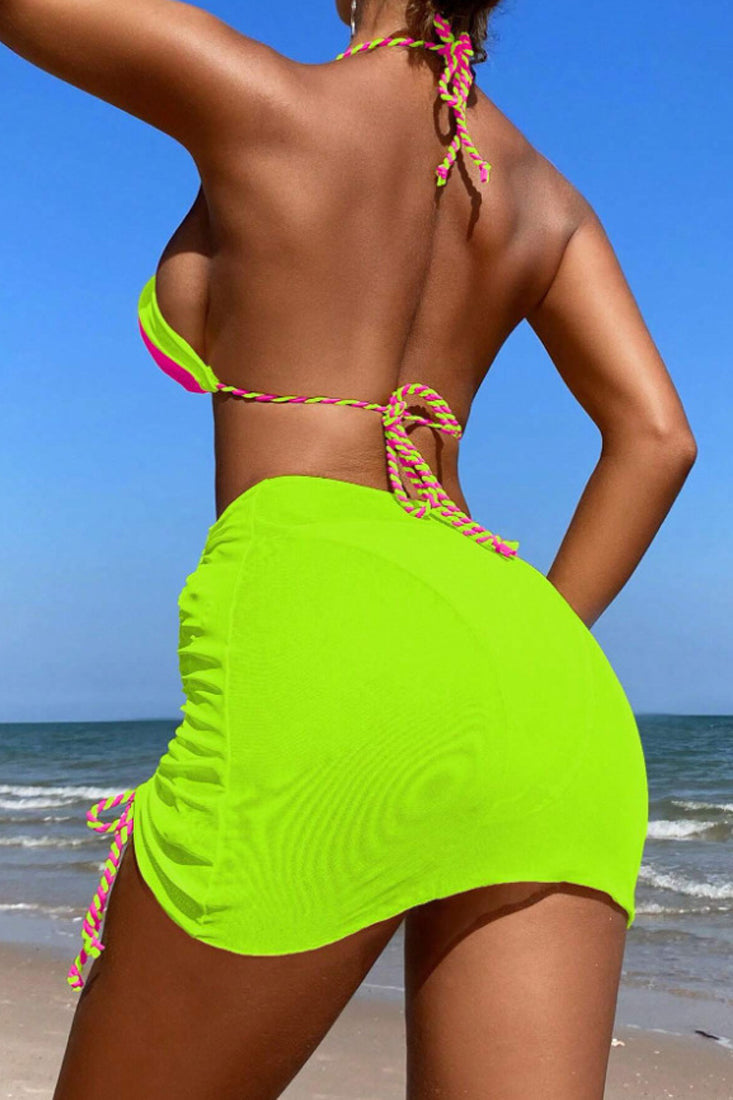 Neon Lime Pink Braided Strap Triangle Skirt Cover-Up 3Pc Swimsuit Set