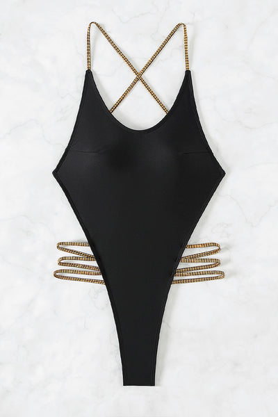 Black Gold Holographic Straps Sexy Monokini Thong 1Pc Swimsuit