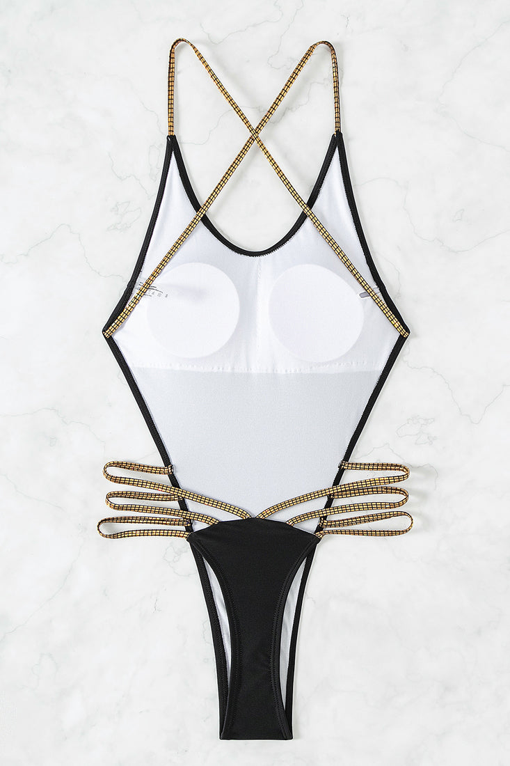 Black Gold Holographic Straps Sexy Monokini Thong 1Pc Swimsuit