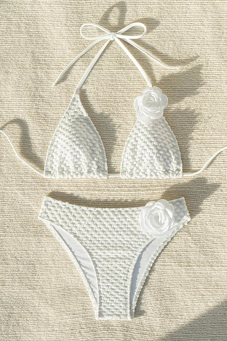 White Textured Rosette Triangle 2Pc Sexy Bikini Swimsuit Set