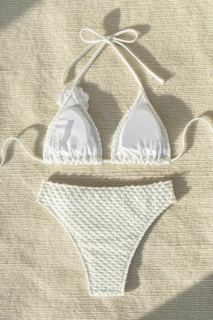 White Textured Rosette Triangle 2Pc Sexy Bikini Swimsuit Set