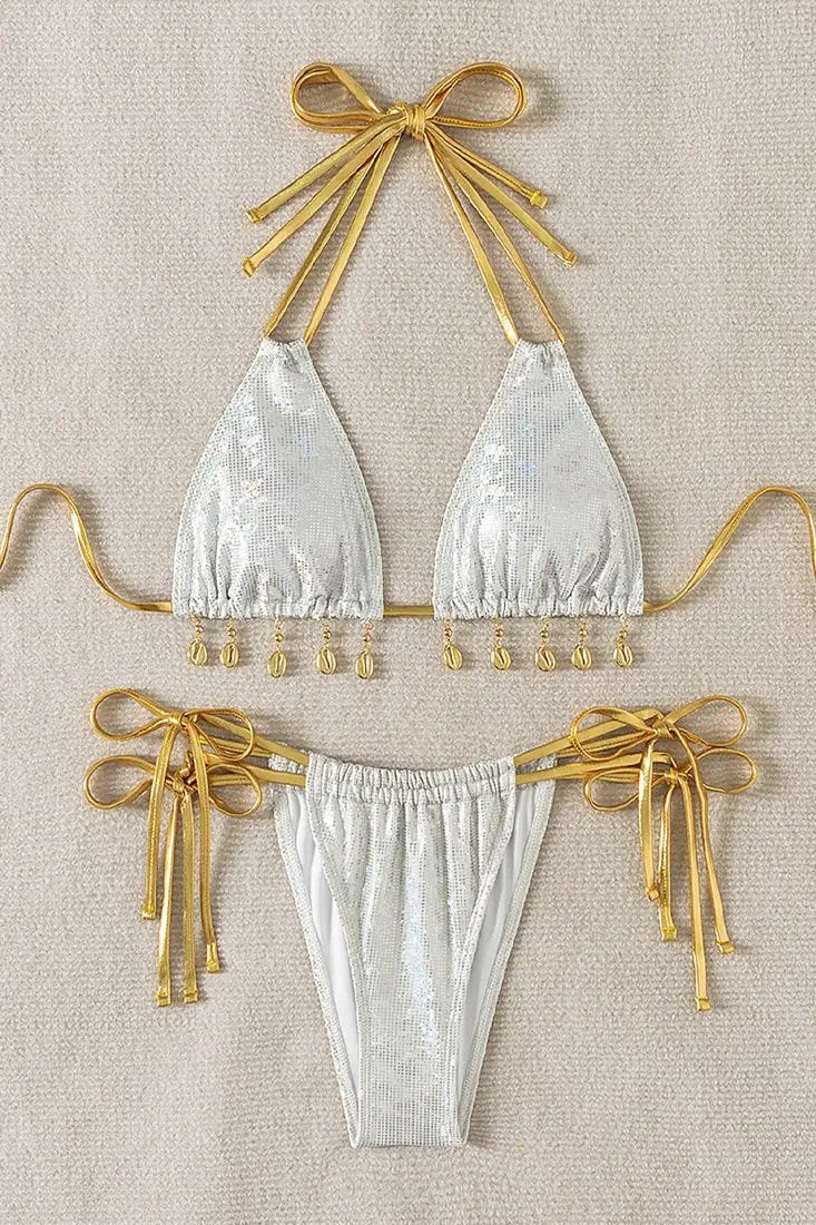 White Holographic Gold Dangly Seashell Cheeky Bikini 2Pc Swimsuit