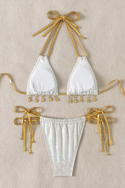 White Holographic Gold Dangly Seashell Cheeky Bikini 2Pc Swimsuit