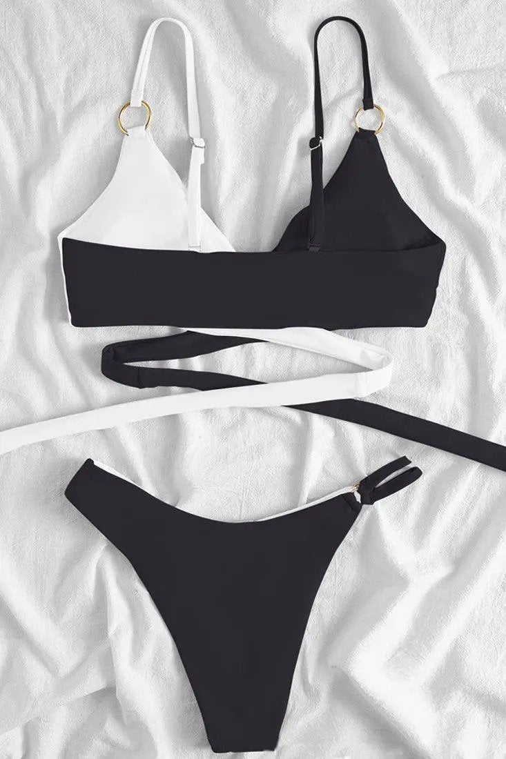 Black White Cross Strappy Cheeky 2Pc Sexy Swimsuit Set Bikini