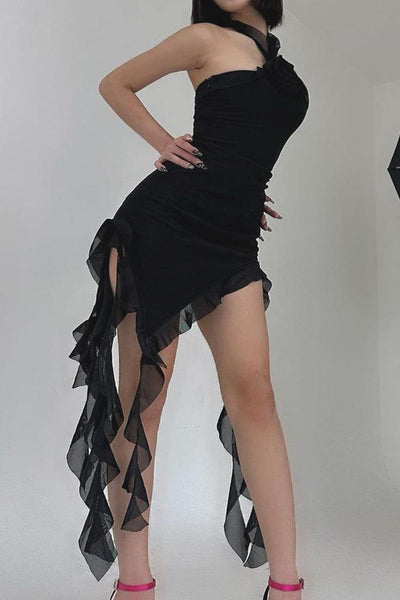 Black Trendy Halter Rose Chiffon Asymmetrical Sexy Long Dress - AMIClubwear