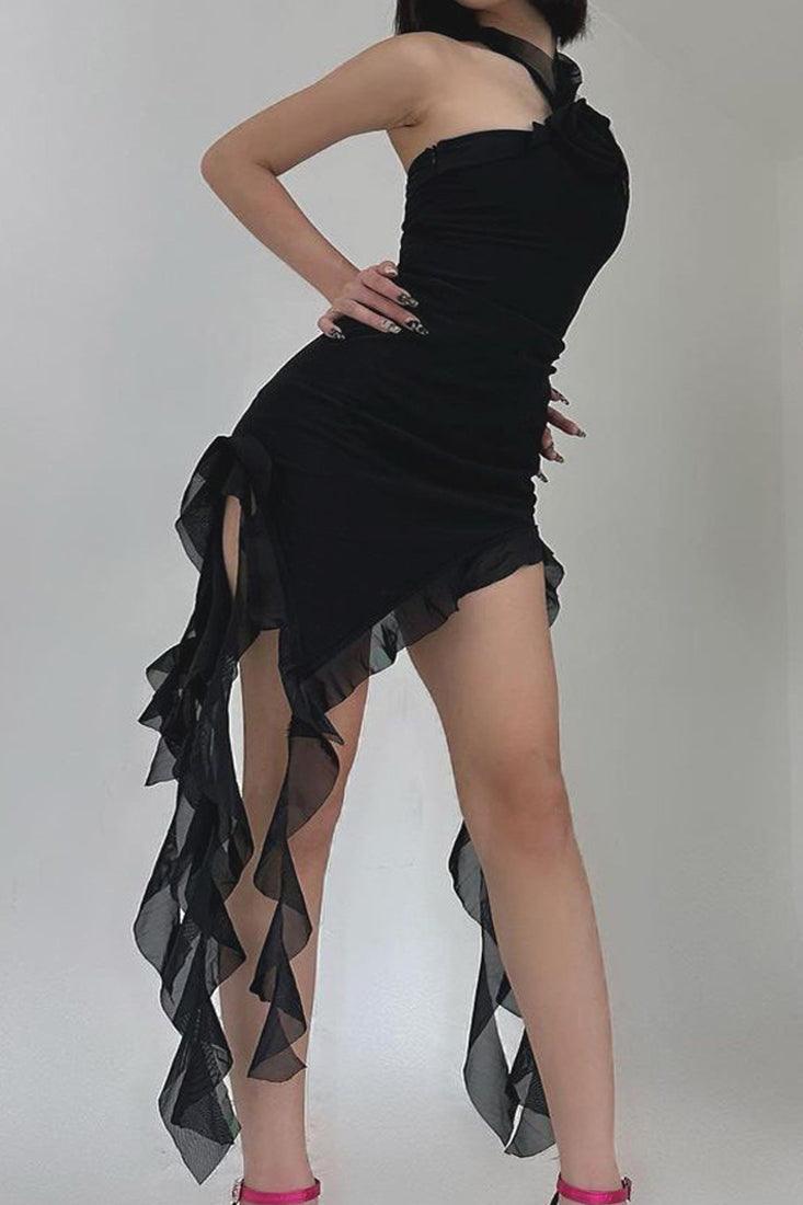 Black Chiffon Rosette Rose Halter Ruffle Long Sexy Dress