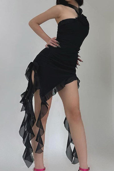 Black Chiffon Rosette Rose Halter Ruffle Long Sexy Dress - AMIClubwear