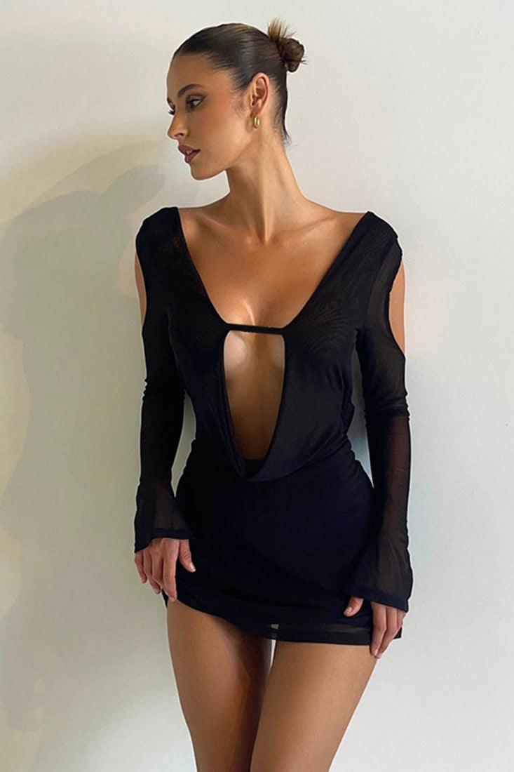 Black Bell Mesh Sleeves Drape Plunging Neckline Sexy Mini Party Dress - AMIClubwear