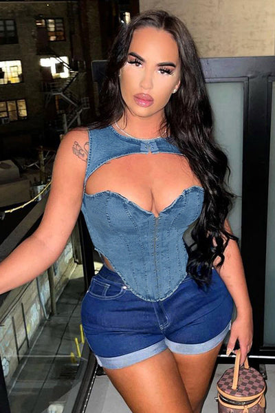 Blue Denim Hook Closure Cut-Out Sexy Fitted Corset Top