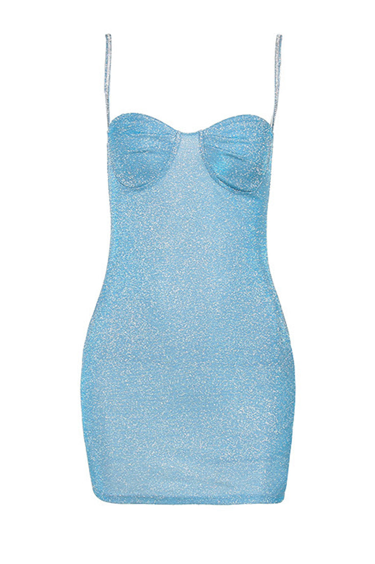 Light Blue Shimmer Rhinestone Straps Sexy Fitted Party Dress