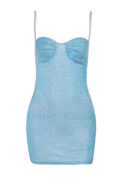 Light Blue Shimmer Rhinestone Straps Sexy Fitted Party Dress