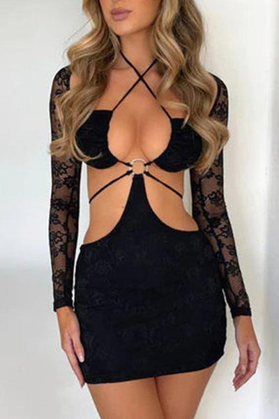 Black Lace Covered Long Sleeve Strappy Cut-Out O-Ring Sexy Dress - AMIClubwear