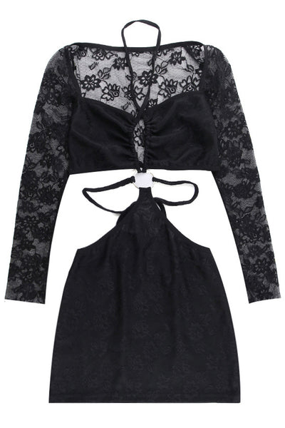 Black Lace Covered Long Sleeve Strappy Cut-Out O-Ring Sexy Dress
