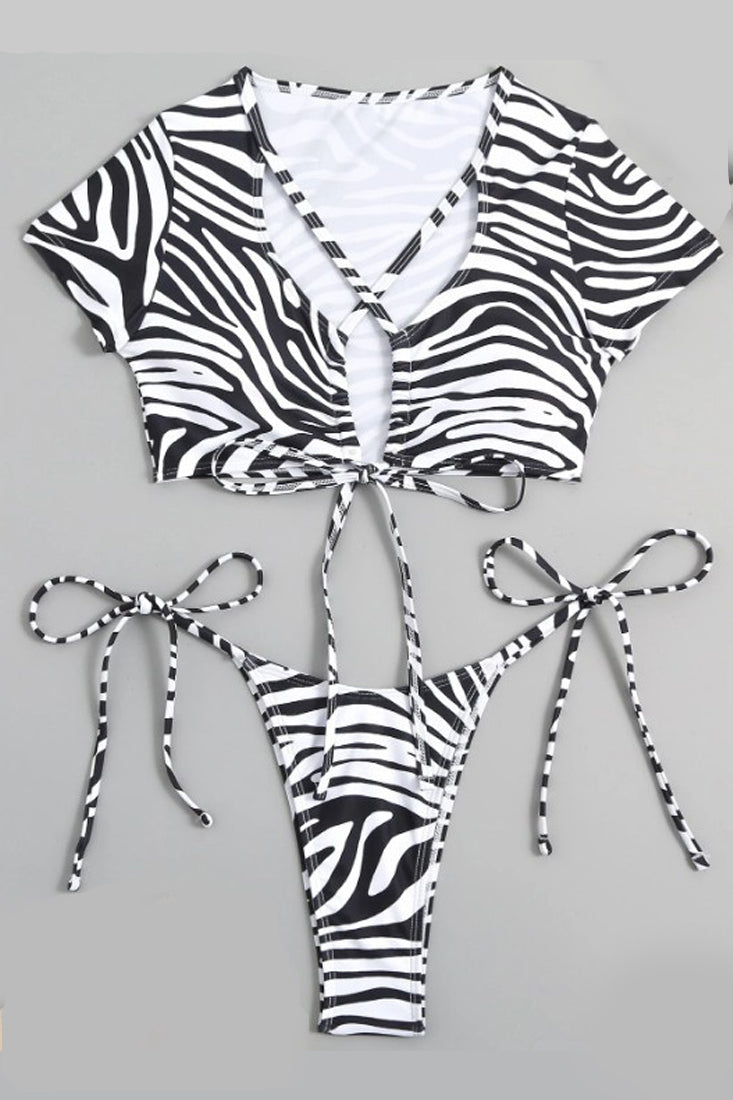 Black White Zebra Print Short Sleeve Lace-Up Cheeky 2Pc Sexy Swimsuit