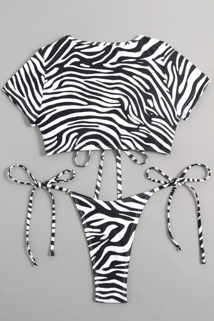 Black White Zebra Print Short Sleeve Lace-Up Cheeky 2Pc Sexy Swimsuit