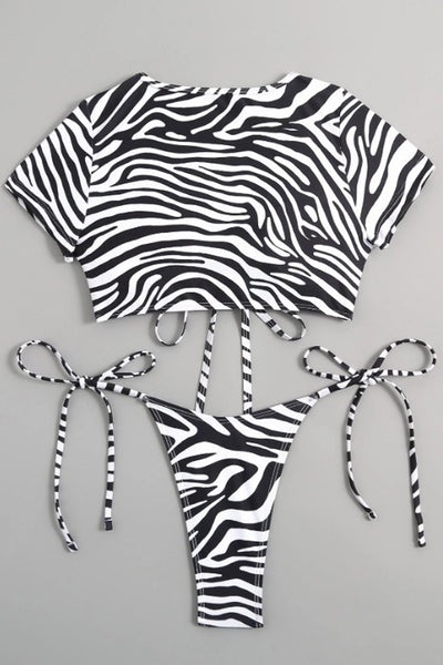 Black White Zebra Print Short Sleeve Lace-Up Cheeky 2Pc Sexy Swimsuit