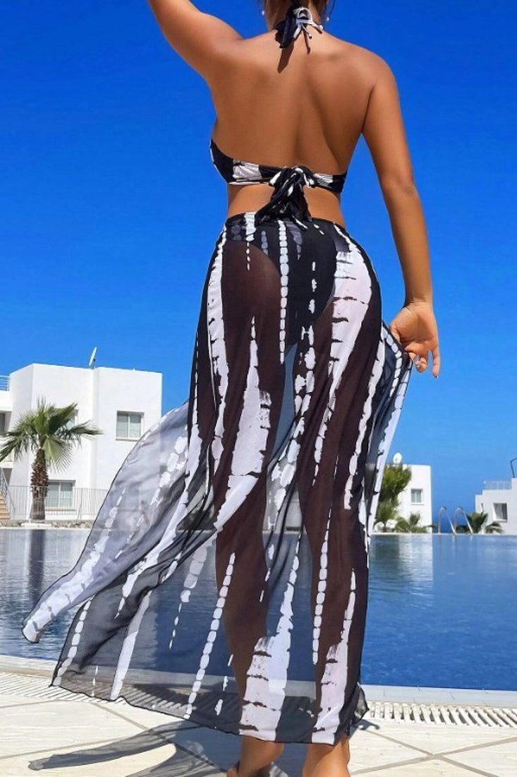 Black Tie Dye Triangle Mesh Halter Maxi Cover-Up Dress 3Pc Swimsuit Set